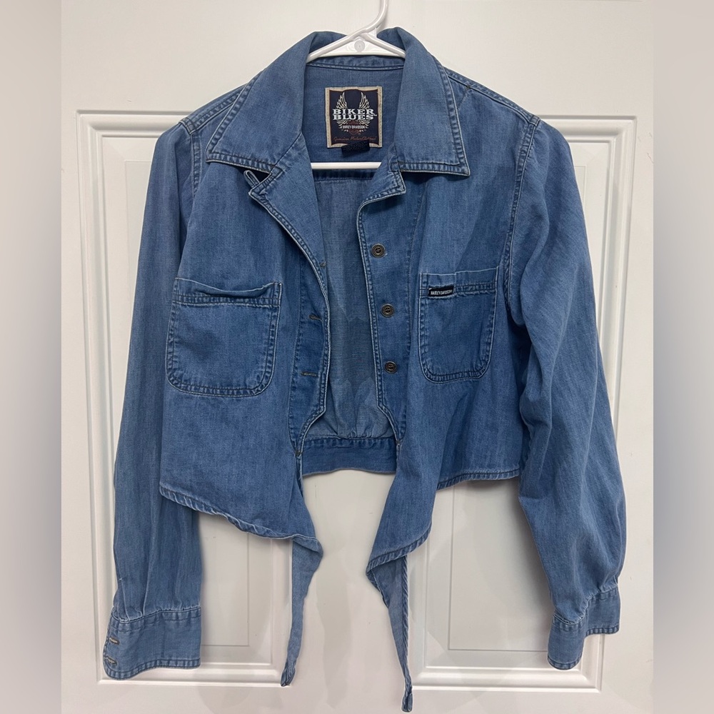 Harley-Davidson Biker Blues Womens Chambray Cropped Tie Front Shirt Y2K S